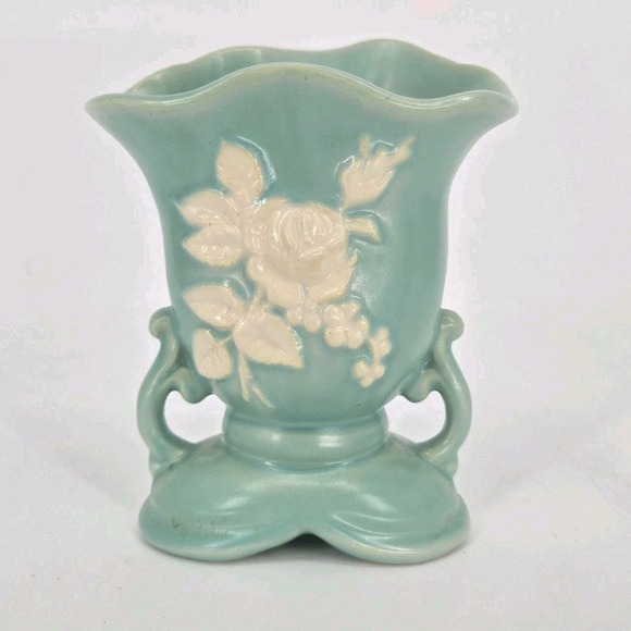 Weller Other - Vintage Weller Cameo Rose Vase Aqua Green White Floral Double Handle 7 In Deco